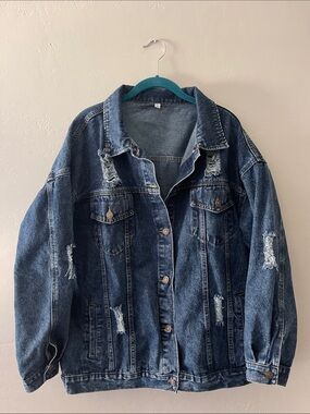 Distressed Dark Blue Denim Jacket - Women's Oversized Size L